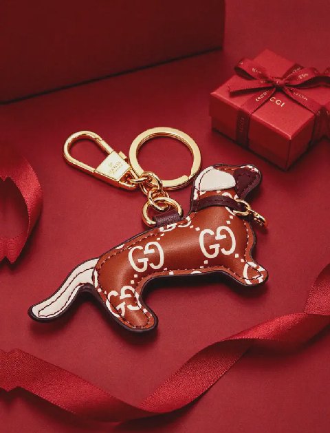 Counterfeit Gucci GG Emblem Dog Charm detail view visual reference